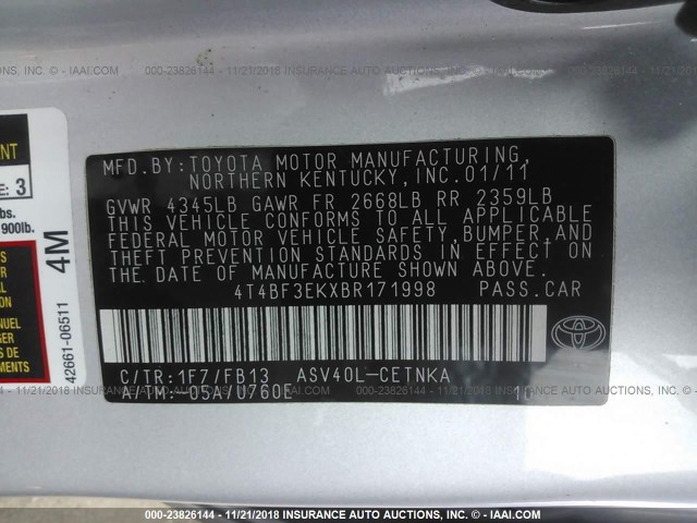 4T4BF3EKXBR171998 - 2011 TOYOTA CAMRY SE/LE/XLE 银色 照片 9