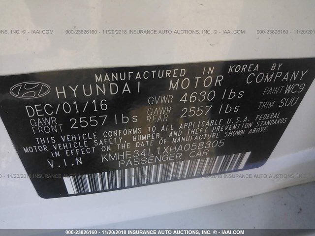 KMHE34L1XHA058305 - 2017 HYUNDAI SONATA HYBRID/LIMITED WHITE photo 9