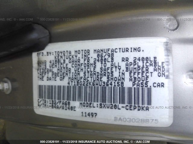 4T1BG22K6WU364158 - 1998 TOYOTA CAMRY CE/LE/XLE GRAY photo 9