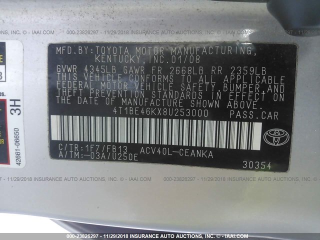 4T1BE46KX8U253000 - 2008 TOYOTA CAMRY CE/LE/XLE/SE SILVER photo 9