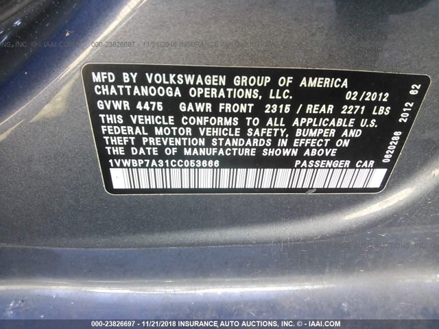 1VWBP7A31CC053666 - 2012 VOLKSWAGEN PASSAT SE GRAY photo 9