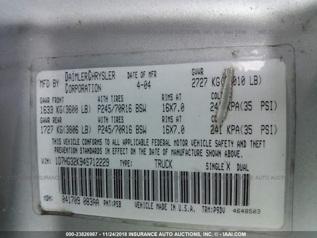 1D7HG32K94S712229 - 2004 DODGE DAKOTA SPORT SILVER photo 9