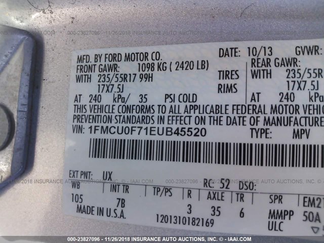 1FMCU0F71EUB45520 - 2014 FORD ESCAPE S SILVER photo 9