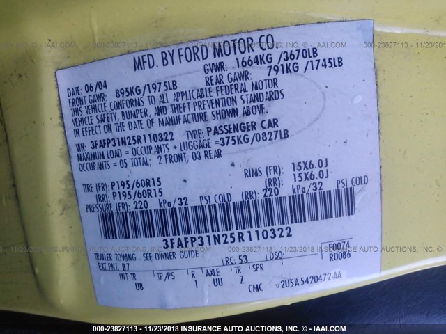 3FAFP31N25R110322 - 2005 FORD FOCUS ZX3 YELLOW photo 9