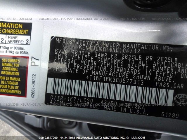 4T1BF1FK3CU577913 - 2012 TOYOTA CAMRY SE/LE/XLE SILVER photo 9