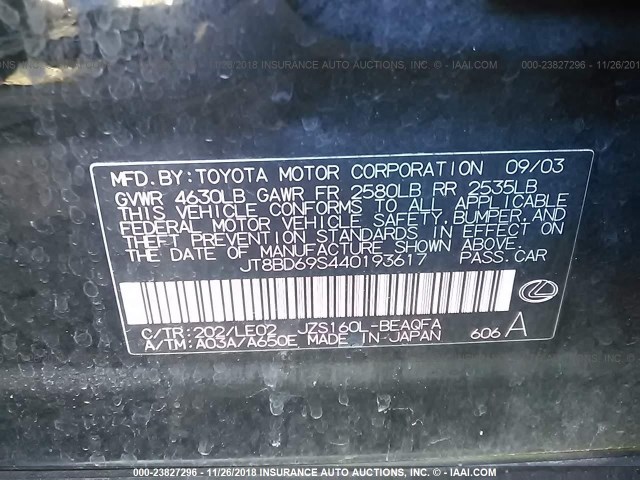 JT8BD69S440193617 - 2004 LEXUS GS 300 BLACK photo 9