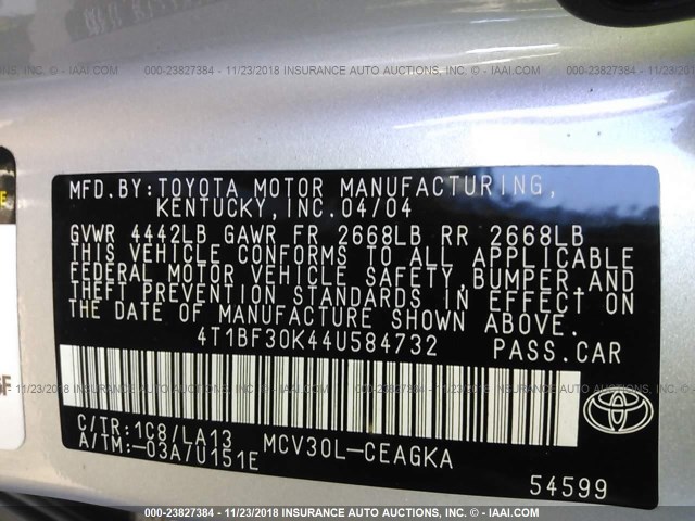 4T1BF30K44U584732 - 2004 TOYOTA CAMRY LE/XLE/SE SILVER photo 9