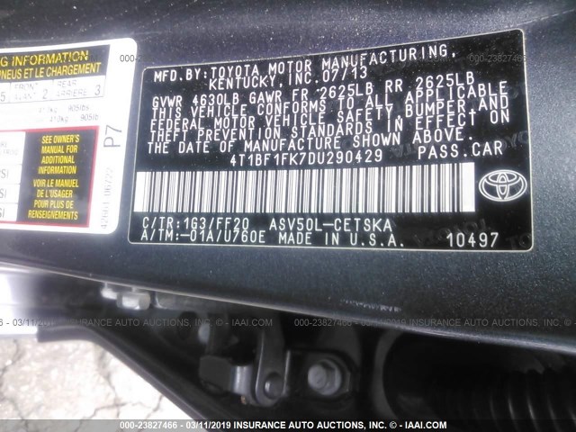 4T1BF1FK7DU290429 - 2013 TOYOTA CAMRY L/SE/LE/XLE ნაცრისფერი ფოტო 9