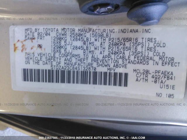 5TDZA23C84S132870 - 2004 TOYOTA SIENNA CE/LE BEIGE photo 9