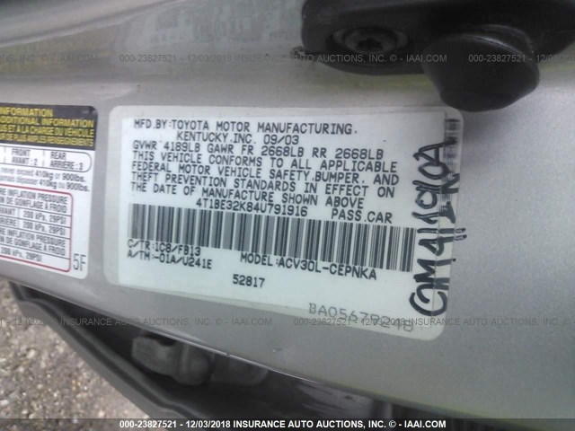 4T1BE32K84U791916 - 2004 TOYOTA CAMRY LE/XLE/SE SILVER photo 9