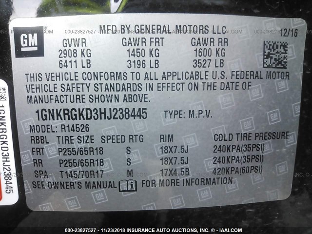 1GNKRGKD3HJ238445 - 2017 CHEVROLET TRAVERSE LT BLACK photo 9