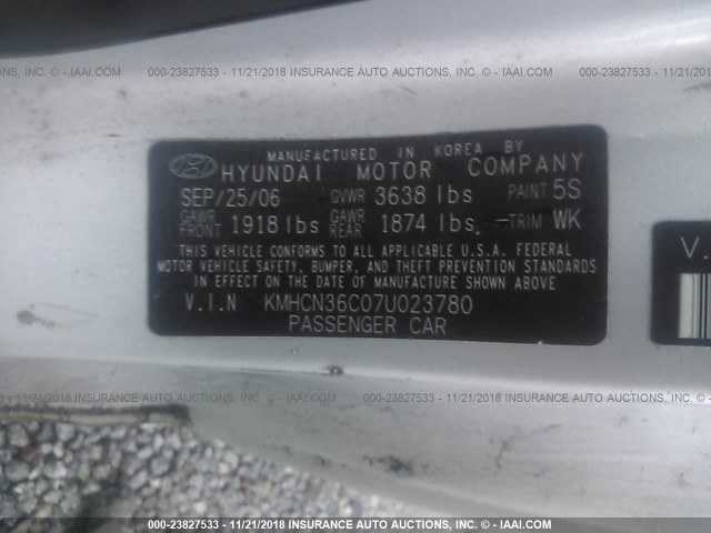 KMHCN36C07U023780 - 2007 HYUNDAI ACCENT SE SILVER photo 9