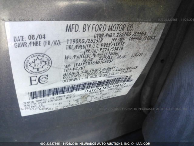 1FAFP25126G140852 - 2006 FORD FIVE HUNDRED LIMITED GRAY photo 9