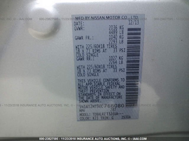 5N1AT2MT9EC766080 - 2014 NISSAN ROGUE S/SL/SV SILVER photo 9