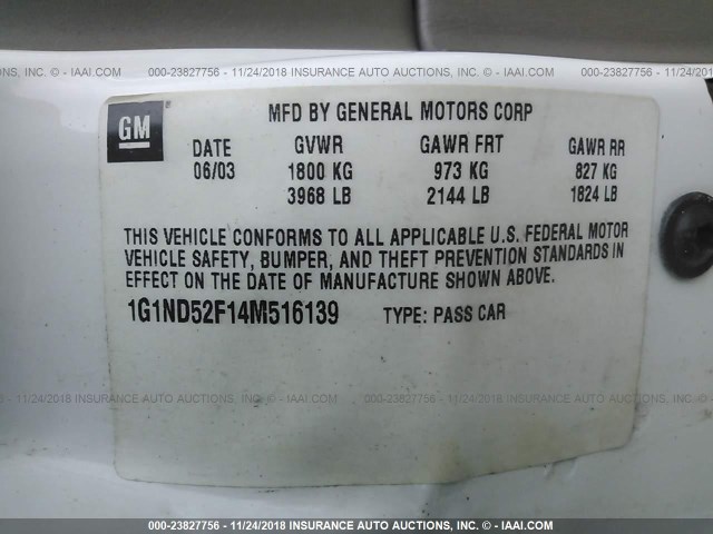 1G1ND52F14M516139 - 2004 CHEVROLET CLASSIC WHITE photo 9