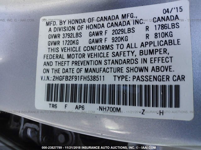 2HGFB2F91FH538511 - 2015 HONDA CIVIC EXL ვერცხლისფერი ფოტო 9