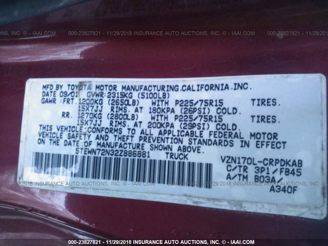 5TEWN72N32Z886881 - 2002 TOYOTA TACOMA XTRACAB RED photo 9