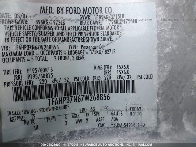 1FAHP37N67W268856 - 2007 FORD FOCUS ZX5/S/SE/SES TAN photo 9