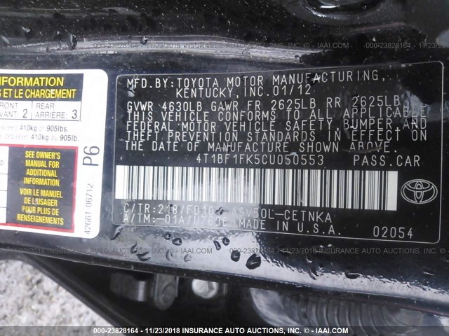 4T1BF1FK5CU050553 - 2012 TOYOTA CAMRY SE/LE/XLE BLACK photo 9