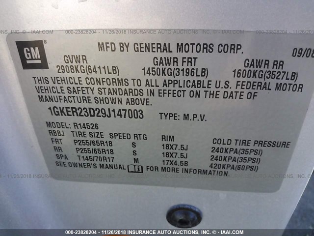 1GKER23D29J147003 - 2009 GMC ACADIA SLT-1 SILVER photo 9