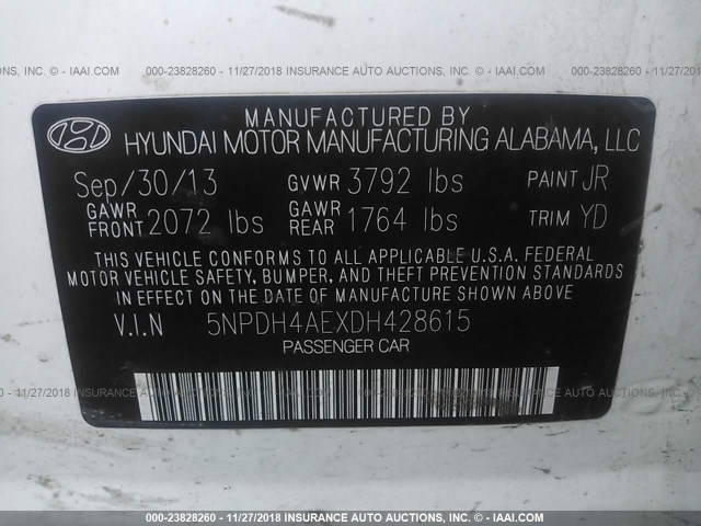 5NPDH4AEXDH428615 - 2013 HYUNDAI ELANTRA GLS/LIMITED WHITE photo 9