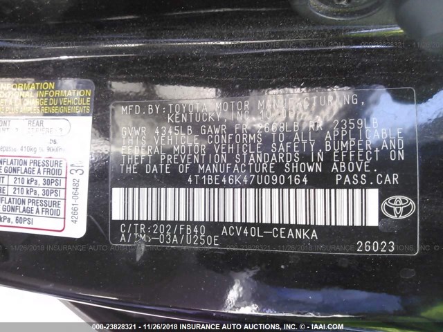 4T1BE46K47U090164 - 2007 TOYOTA CAMRY NEW GENERAT CE/LE/XLE/SE BLACK photo 9