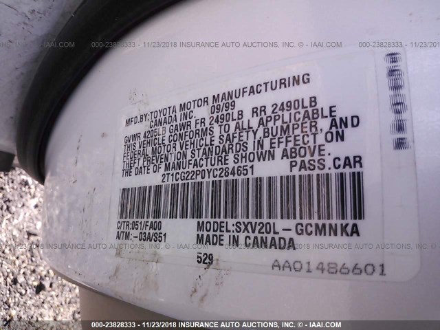 2T1CG22P0YC284651 - 2000 TOYOTA CAMRY SOLARA SE WHITE photo 9