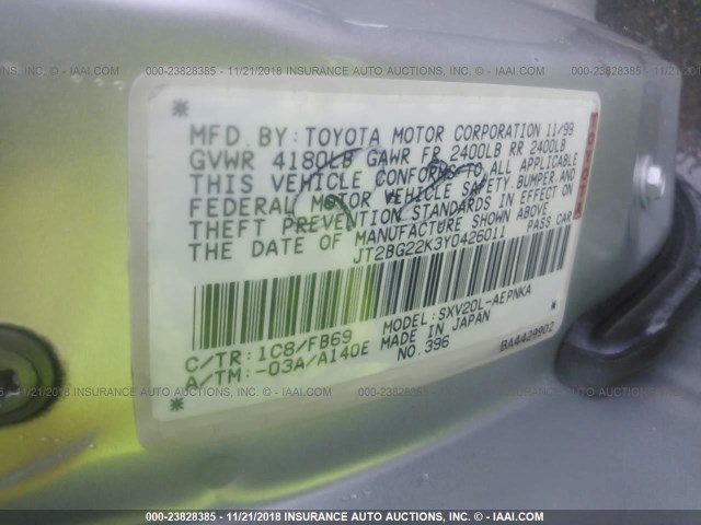 JT2BG22K3Y0426011 - 2000 TOYOTA CAMRY CE/LE/XLE SILVER photo 9