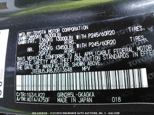 JTEBU5JR8J5513648 - 2018 TOYOTA 4RUNNER SR5 PREM/LTDL/TRAIL/TRD Szary zdjęcie 9