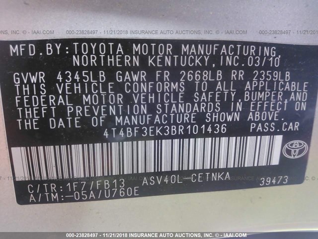 4T4BF3EK3BR101436 - 2011 TOYOTA CAMRY SE/LE/XLE SILVER photo 9