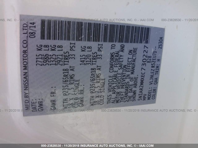 5N1AR2MMXEC730227 - 2014 NISSAN PATHFINDER S/SV/SL/PLATINUM WHITE photo 9