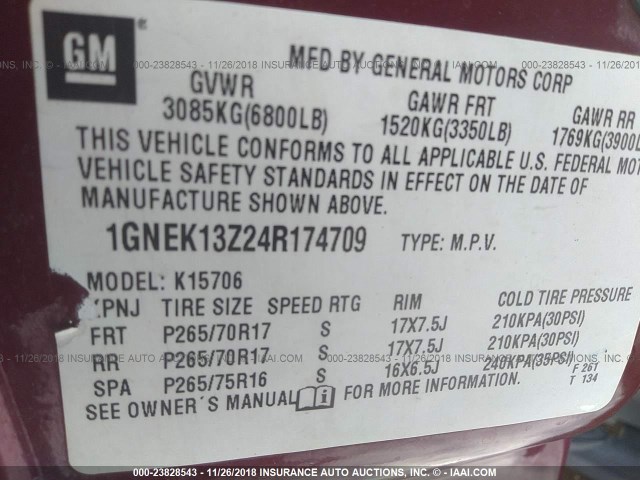 1GNEK13Z24R174709 - 2004 CHEVROLET TAHOE K1500 MAROON photo 9