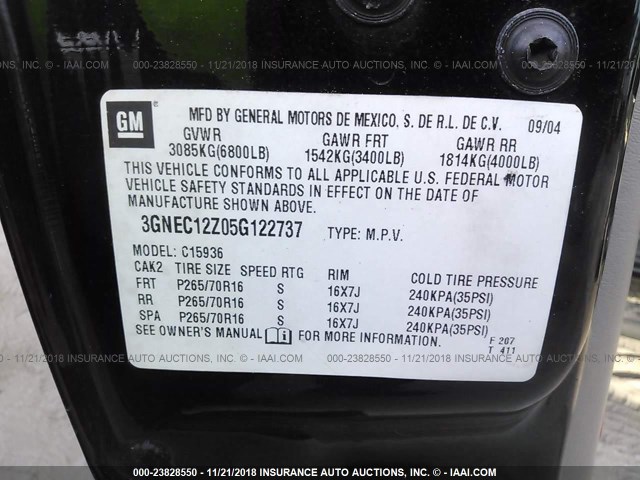 3GNEC12Z05G122737 - 2005 CHEVROLET AVALANCHE C1500 BLACK photo 9