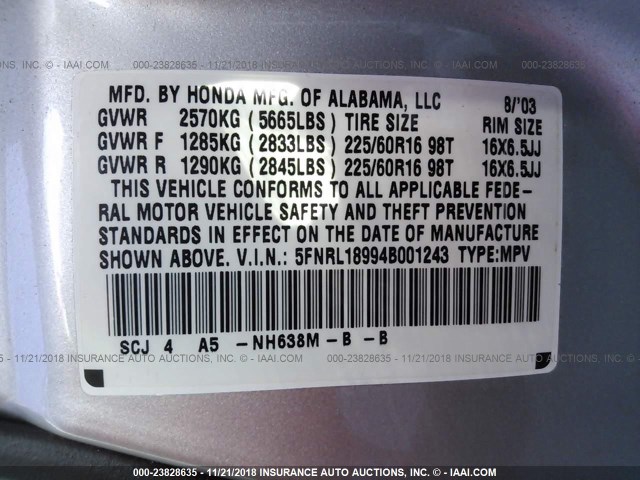 5FNRL18994B001243 - 2004 HONDA ODYSSEY EXL SILVER photo 9