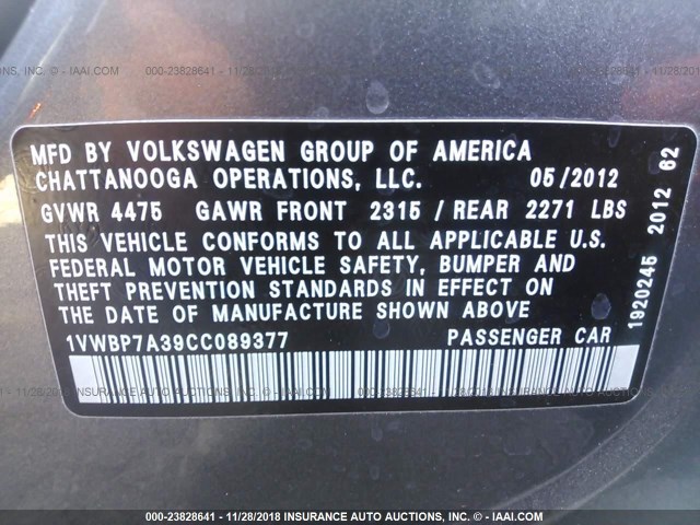 1VWBP7A39CC089377 - 2012 VOLKSWAGEN PASSAT SE GRAY photo 9