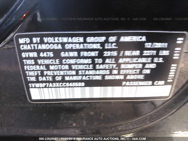 1VWBP7A3XCC040589 - 2012 VOLKSWAGEN PASSAT SE BLACK photo 9