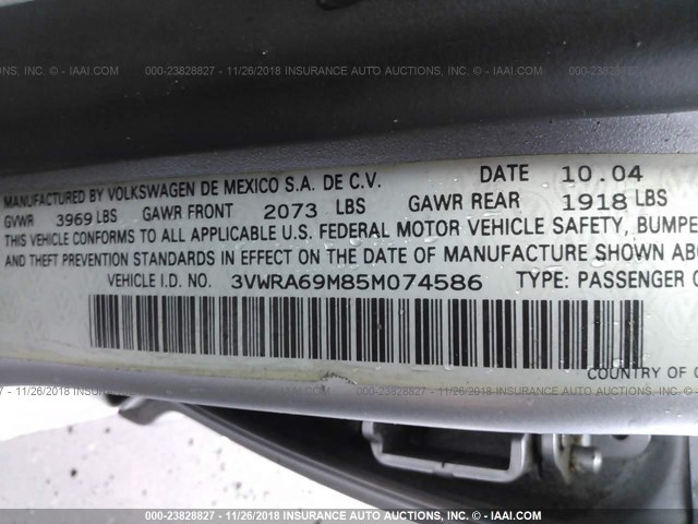 3VWRA69M85M074586 - 2005 VOLKSWAGEN JETTA GL SILVER photo 9