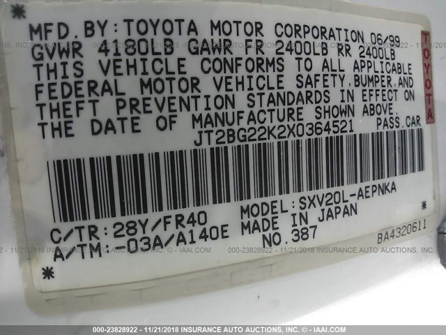 JT2BG22K2X0364521 - 1999 TOYOTA CAMRY LE/XLE WHITE photo 9