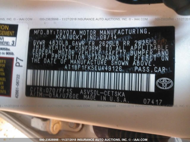 4T1BF1FK5EU449126 - 2014 TOYOTA CAMRY L/SE/LE/XLE Ağ foto 9
