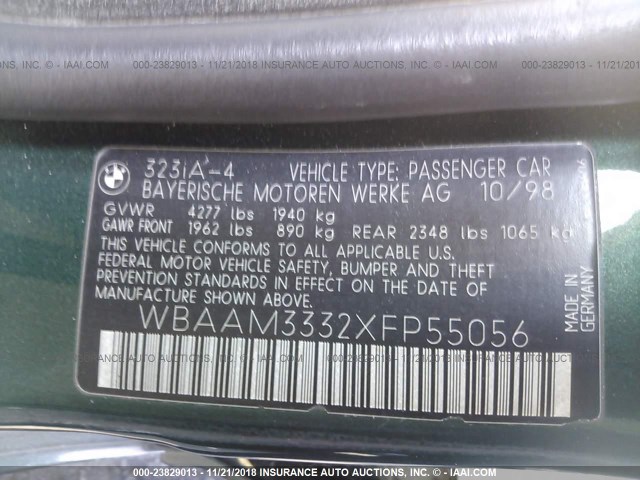 WBAAM3332XFP55056 - 1999 BMW 323 I AUTOMATIC GREEN photo 9