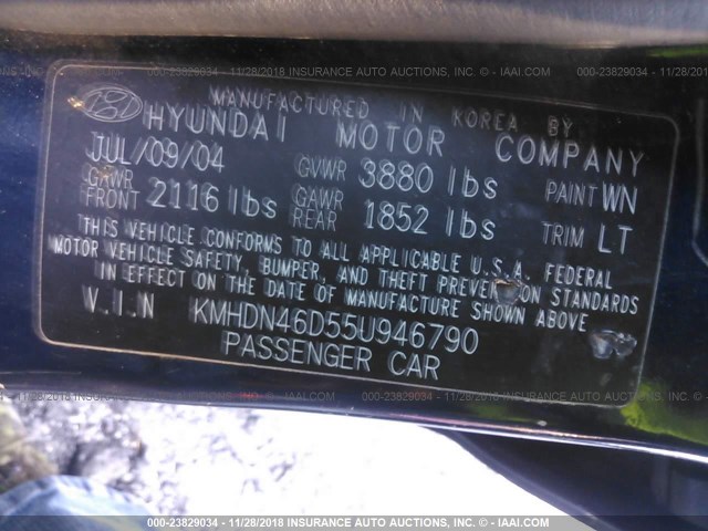 KMHDN46D55U946790 - 2005 HYUNDAI ELANTRA GLS/GT BLUE photo 9