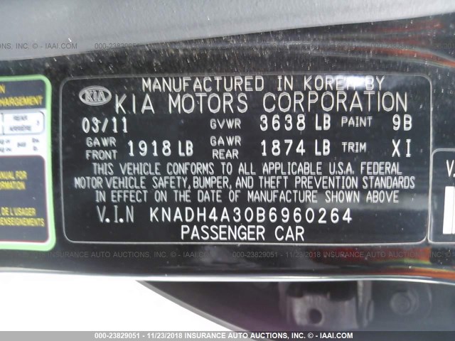 KNADH4A30B6960264 - 2011 KIA RIO LX/SX BLACK photo 9