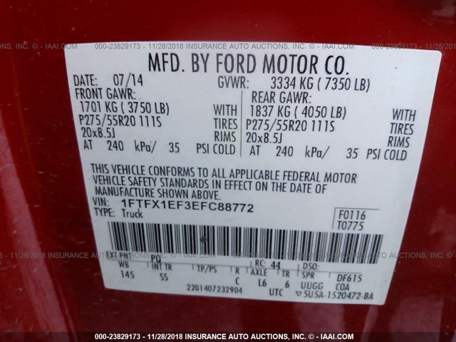 1FTFX1EF3EFC88772 - 2014 FORD F150 SUPER CAB RED photo 9