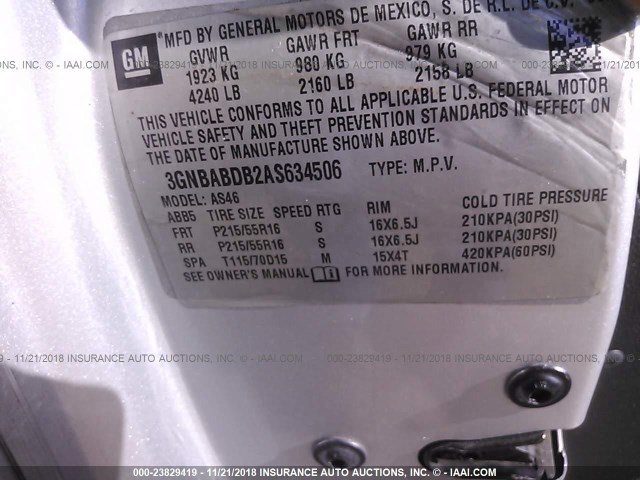 3GNBABDB2AS634506 - 2010 CHEVROLET HHR LT SILVER photo 9