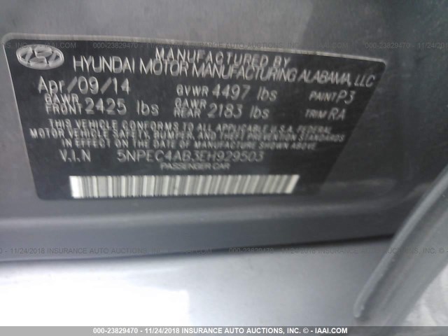 5NPEC4AB3EH929503 - 2014 HYUNDAI SONATA SE/LIMITED GRAY photo 9