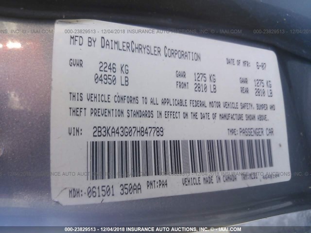 2B3KA43G07H847789 - 2007 DODGE CHARGER SE/SXT GRAY photo 9