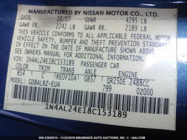 1N4AL24E18C153189 - 2008 NISSAN ALTIMA 2.5S BLUE photo 9