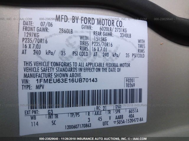 1FMEU63E16UB70143 - 2006 FORD EXPLORER XLT GOLD photo 9