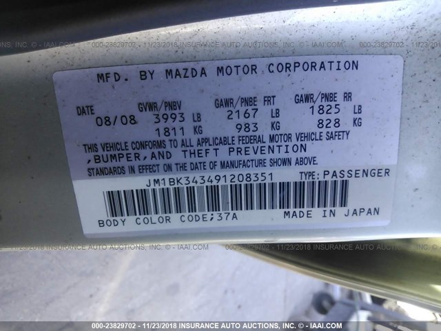 JM1BK343491208351 - 2009 MAZDA 3 S GRAY photo 9