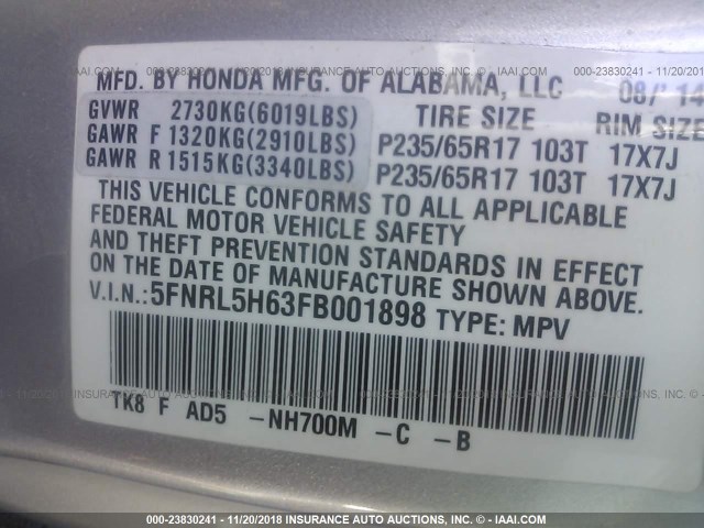 5FNRL5H63FB001898 - 2015 HONDA ODYSSEY EXL SILVER photo 9